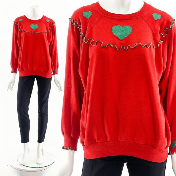 Christmas Frill Sweatshirt,Heart Patchwork Applique Sweater,Ugly Christmas Sweat - Picture 2 of 10